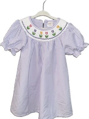 Girls Purple Striped Smock Tulip Embroidery Dress